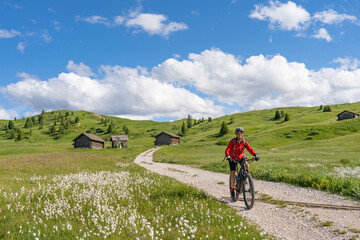 nice and active senior woman riding her electric mountain bike on the Pralongia Plateau in the Alta...