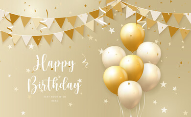 Elegant yellow golden ballon and ribbon flag Happy Birthday celebration card banner template background