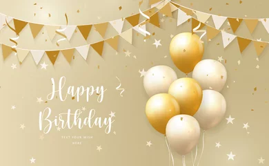 Fotobehang Elegant yellow golden ballon and ribbon flag Happy Birthday celebration card banner template background © Phoebe Yu