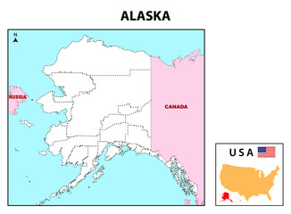 Alaska Map. State and district map of Alaska. Administrative and political map of Alaska with neighboring countries and border in outline.