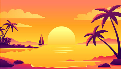 Fototapeta na wymiar Colorful sunset on the tropical beach island vector illustration