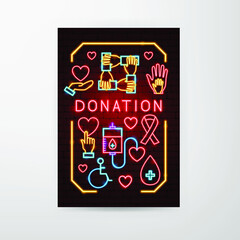Donation Neon Flyer. Vector Illustration of Charity Promotion.