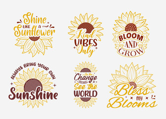 Set of Vector with inspirational lettering with sunflower, hand drawn sunflower quotes, typography for t-shirt, poster, sticker and card