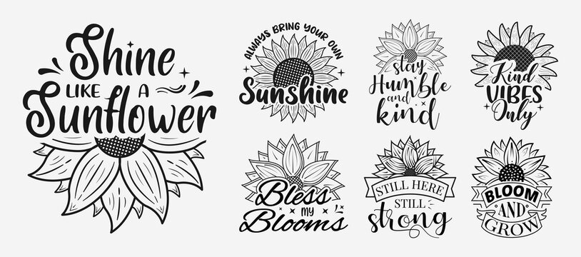 Set of Vector illustration inspirational lettering with sunflower, hand drawn motivational quotes, typography for t-shirt, poster, sticker and card