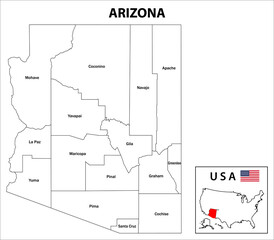 Arizona Map. State and district map of Arizona. Administrative and political map of Arizona with district and capital in white color.