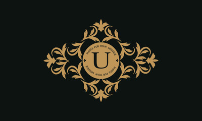 Elegant floral logo design template for one or two letters such as letter U. Calligraphic exquisite ornament. Business sign, monogram identity for restaurant, boutique, hotel, heraldic, jewelry.