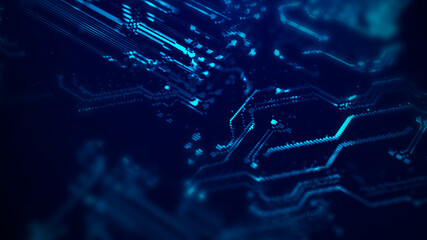 Big Data technology background. Microchip and computer parts. City of the future. 3d rendering