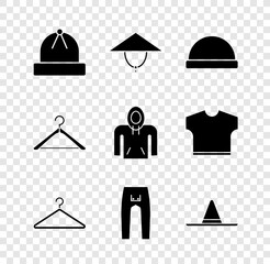 Set Winter hat, Asian conical, Beanie, Hanger wardrobe, Pants, Gardener worker, and Hoodie icon. Vector