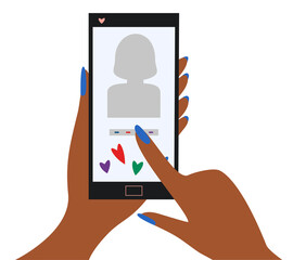 Woman registering on dating website. People searching for love and relationship. Online dating concept. Human hand holding phone. Isolated vector illustration on white background