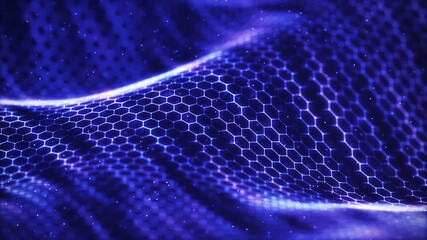 Abstract wave of connected hexagons. Futuristic polygonal background. Artificial intelligence. Big data technology. 3d rendering