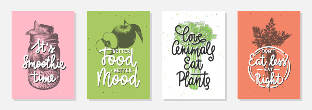 Set of 4 advertising and inspirational healthy food and eating lettering posters, decoration, prints, packaging design. Hand drawn typography with sketches. Handwritten mono line calligraphy.