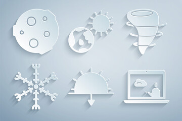 Set Sunset, Tornado, Snowflake, Weather forecast, Earth globe and sun and Moon icon. Vector
