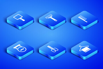 Set Towel on a hanger, Hand mirror, Scissors hairdresser, Barbershop, Shaving razor and Hairbrush icon. Vector