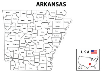 Arkansas Map. State and district map of Arkansas. Administrative and political map of Arkansas with district and capital in white color.