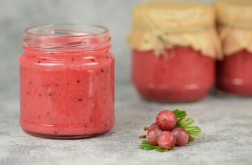 Raw gooseberry homemade jam closeup.