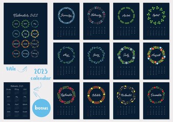 Calendar 2022 template. Monthly calendar 2022 decorated with hand lettered names of months of the year on background of beautiful floral circle frames. Bonus - 2023 calendar. Vector illustration 10 EP