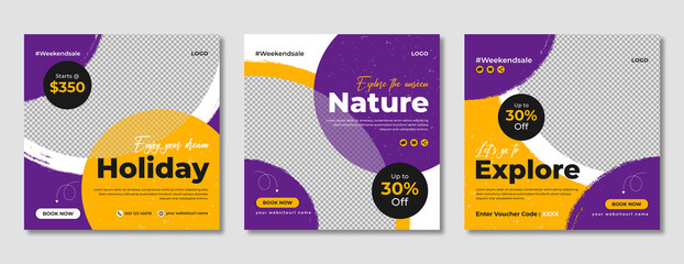Obraz na płótnie Canvas Travel sale social media post template design. Summer holiday beach travelling, tour and tourism business promotion web banner or flyer. Marketing poster graphic background with logo and icon. 
