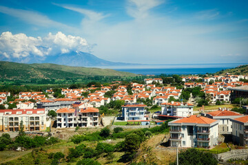 View of the city of Gökçeada, Imbros Island Canakkale Turkey . Opposite is the island of Samothrace, 37 km away.