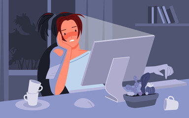 Tired girl working at computer desk late at night vector illustration. Cartoon sleepy freelance or student young woman character sitting with coffee cups in front of monitor to work, study background