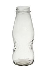 Empty, open glass bottle with a wide neck for drinks of milk or sauces. Isolated on a white background