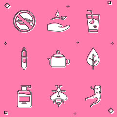 Set Food no diet, Leaf in hand, Fresh smoothie, Pipette, Kettle with handle, Bottle of liquid soap and Bee icon. Vector
