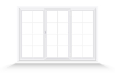 White triple plastic window frame isolated on white background. Wide realistic closed window with slopes, windowsill and shadow. Mockup template for interior design. Vector illustration