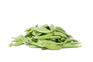 A pile of Sugar Snaps on a white table isolated