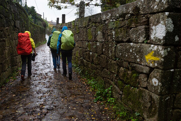 Tres peregrinos caminan hacia Santiago de Compostela. Aldea Cambelas, Padrón. Camino de Santiago Portugués.