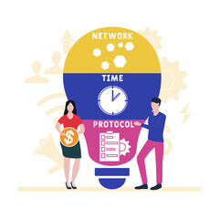 Flat design with people. NTP - Network Time Protocol acronym. business concept background. Vector illustration for website banner, marketing materials, business presentation, online advertising