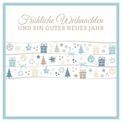 Weihnachtskarte quadratisch mit Weihnachten Symbolen wie Tannenbaum, Geschenke, Stern in gold, blau und weiß mit Kalligrafie