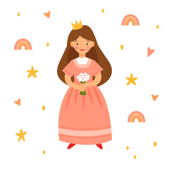 Little cute princess in a pink dress with a bouquet of flowers. Character from a fairy tale isolated on a white background. Vector illustration for children.