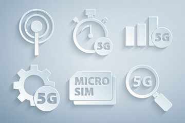 Set Micro Sim Card, 5G network, Setting, Search, Digital speed meter and Antenna icon. Vector