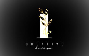 White I letter logo design with golden leaves branch vector illustration.