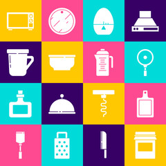 Set Jam jar, Cutting board, Frying pan, Kitchen timer, Bowl, Coffee cup, Microwave oven and Teapot icon. Vector