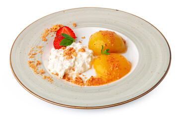 Cottage cheese and canned apricots isolated on white