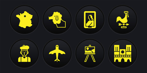 Set French man, Rooster weather vane, Plane, Easel or painting art boards, Portrait museum, Poodle dog, Notre Dame and Map of France icon. Vector