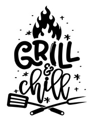 Grill and Chill - label. barbeque elements for labels, logos, badges, stickers or icons. Vector illustration, healthy food packaging design. Good for business company for kitchen, pub, restaurant. - obrazy, fototapety, plakaty