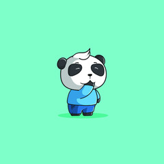 Male panda children's illustration with shy pose covering mouth vector icon