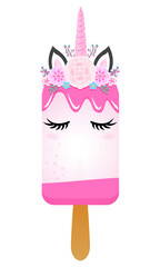 Colorful unicorn head ice cream illustration. Vector cartoon food illustration. Summer dessert snack, pink lolly, lollipum popsicles. Sweet design elements, isolated on white background.