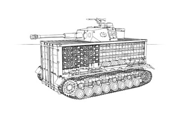 Shipping container with tank parts attached to illustrate trade-war concept. - 445610984