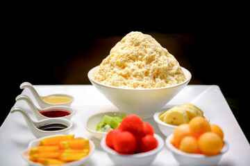 Fruit bingsu or shaved ice topped with toppings Korean Snowflake Shaved Ice (Mixed Fruit Bingsu) is the national dessert of Korea. Popular sweet food in Korea in summer.
