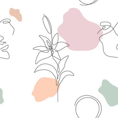 One line art style lily flower and faces seamless pattern. Abstract creative food in minimalism design. Hand drawn vector illustration.