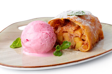 Slice of apple pie with ice cream isolated on white