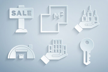 Set Skyscraper, Warehouse, House key, plan and Hanging sign with Sale icon. Vector