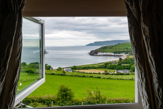 Fototapeta Window view  - fields and farms over the Northern Ireland landscape
