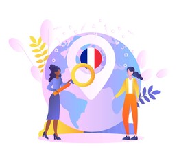 Immigration to France concept. Two girls are standing near a large globe with a French flag. Learning French. Cartoon modern gradient flat vector illustration isolated on a white background