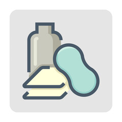 Car care kit set vector icon. Consist of bottle of soap or shampoo, sponge, microfiber towel. Equipment and chemical product for washing, cleaning and detailing of your car, auto or vehicle. 48x48 px.