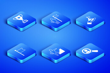 Set Magnifying glass for search, Award cup, Stair with finish flag, Flag, Man holding and Mountains icon. Vector