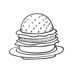 Burger vector of cartoon coloring book or page illustration isolated on white background for Kids 