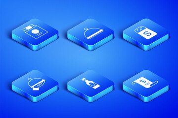 Set Paper or financial check, Online ordering and delivery, Wine bottle, Covered with tray of food, and Salt icon. Vector